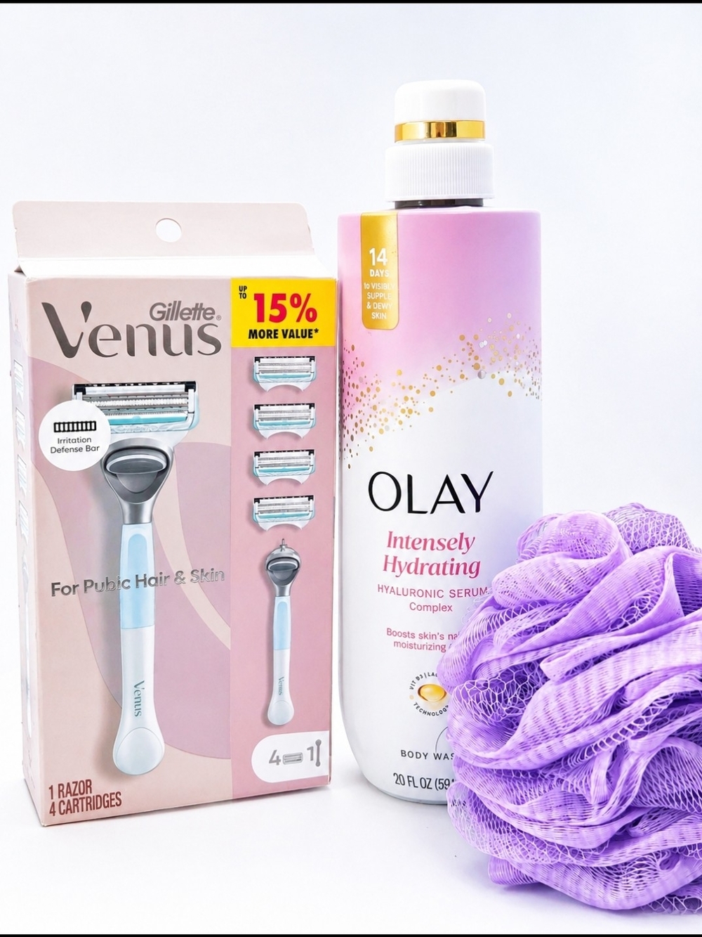 Olay Hyaluronic Body Wash + Venus Pubic Hair & Skin Razor Set